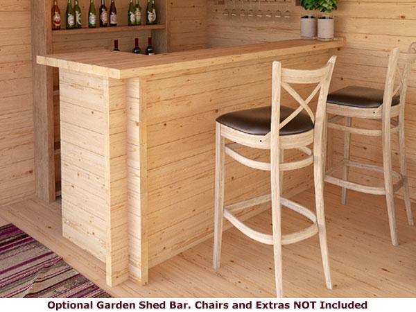 Shows image of bar for pub shed