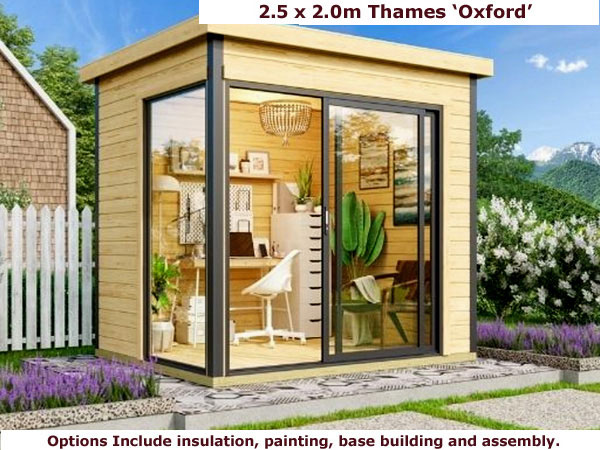 Shows image of garden cabin with aluminium double glazed windows