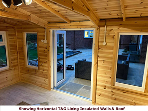 Shows image of garden buildings insulated with horizontal T&G boards